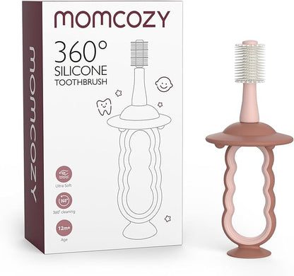 Momcozy Baby Toothbrush, 360° Tooth Brush for Infant, Ultrasoft Toddler Toothbrush with Suction Base, Baby Oral Cleaner, Infant Tongue Cleaner, Pink