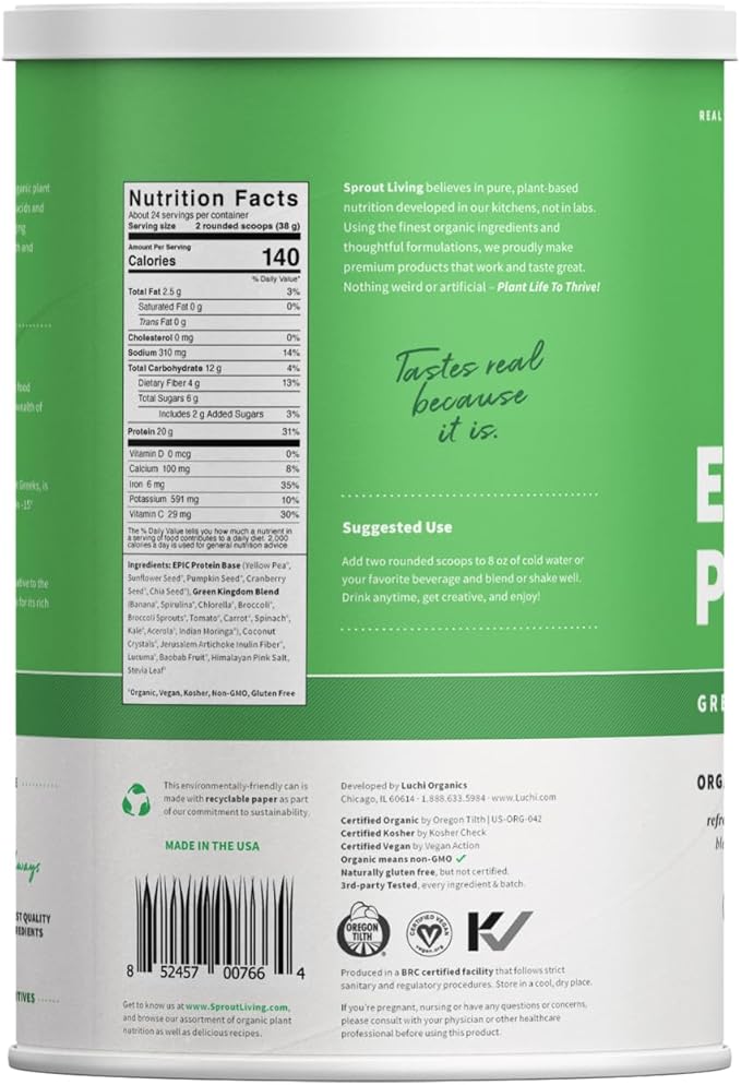 Sprout Living Epic Protein, Plant Based Protein & Superfoods Powder, Green Kingdom | 20 Grams Organic Protein Powder, Greens, Vegan, Non Dairy, Non-GMO, Gluten Free, Low Sugar (2 Pound, 24 Servings)