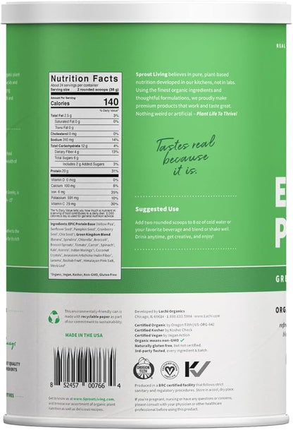 Sprout Living Epic Protein, Plant Based Protein & Superfoods Powder, Green Kingdom | 20 Grams Organic Protein Powder, Greens, Vegan, Non Dairy, Non-GMO, Gluten Free, Low Sugar (2 Pound, 24 Servings)