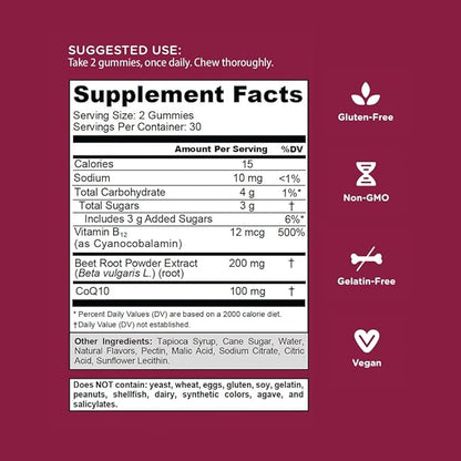 Goli Beets Cardio Gummies with CoQ10 and Vitamin B12 - Beetroot Extract - Cardiovascular Wellness - Vegan, Non-GMO, Gluten-Free
