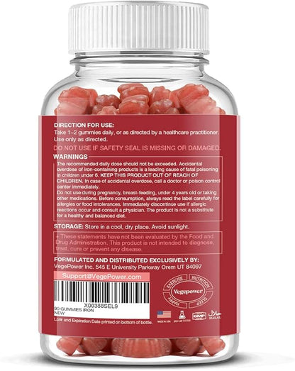 Vegan Iron Gummies Supplement - with Vitamin C, A, B-Complex, Folate, Zinc for Adults & Kids - Health Blood & Energy Support for Iron Deficiency, Anemia, No After Taste - Peach Flavor (90 Ct)