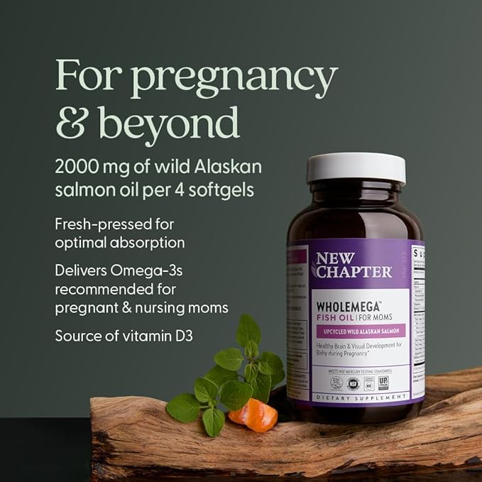 New Chapter Wholemega for Moms Fish Oil Supplement, Tiny Capsules, 2000mg per Serving, Prenatal DHA with Omega-3 + Vitamin D3 for Prenatal & Postnatal Support, 500mg Each - 180 Count