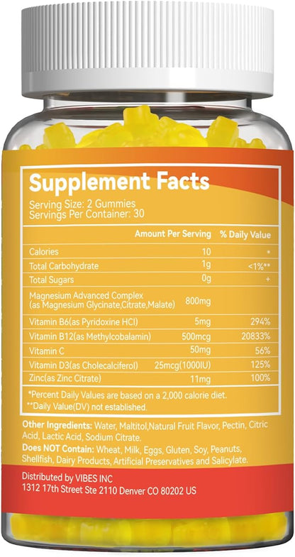 Magnesium Complex Gummies 800mg with Zinc & Vitamins B6, B12, C, D3, 60 Pineapple Gummies, High Absorption Glycinate, Citrate, Malate, Non-GMO, Gluten-Free