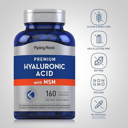 Piping Rock Hyaluronic Acid Supplement | 100mg | 160 Capsules | with MSM for Women and Men | Non-GMO, Gluten Free