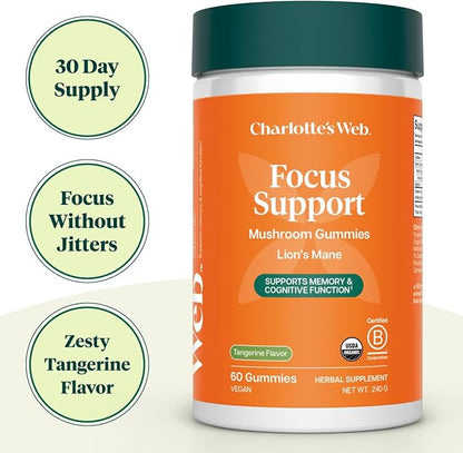 Charlotte's Web Focus Support Mushroom Gummies for Focus and Energy w/Lion’s Mane, Natural Cognitive Support Lions Mane Gummies for Adults — Tangerine Flavor (30 Servings)