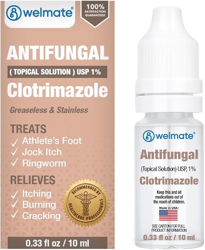 WELMATE Clotrimazole 1% Antifungal Topical Solution, 0.33 fl oz (10mL) – Athlete’s Foot, Jock Itch & Ringworm Treatment, Greaseless, Non-Staining, Fast Relief for Itchy, Cracked, Dry Skin