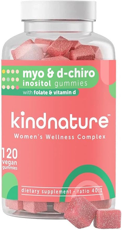 kindnature Myo-Inositol & D-Chiro Inositol Gummies for Women – 2000mg + 50mg, Ideal 40:1 Ratio – with Vitamin D & Folate – Hormone Balance & Fertility Support – Vegan, Watermelon Flavor (120 Gummies)