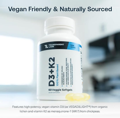 Transparent Labs Vitamin D3 K2 - Vitamin D & K2 Vitamin Supplement for Men & Women, Vegan-Friendly D3K2 5000 IU Supplements to Support Bone, Immune, and Overall Health - K2 D3 60 Capsules