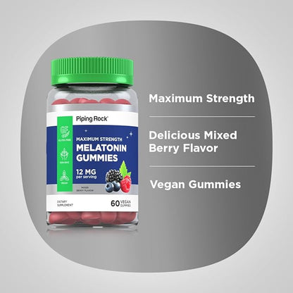 Piping Rock Melatonin Gummies 12mg | 60 Count | Maximum Strength Supplement for Adults | Berry Flavor | Vegan, Non-GMO, Gluten Free
