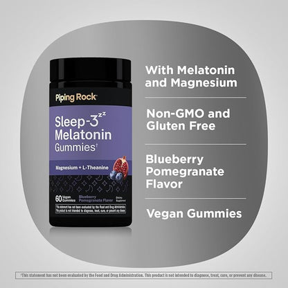 Piping Rock Melatonin Gummies | with Magnesium and L-Theanine | Blueberry Pomegranate Flavor | Vegan, Non-GMO and Gluten Free Supplement