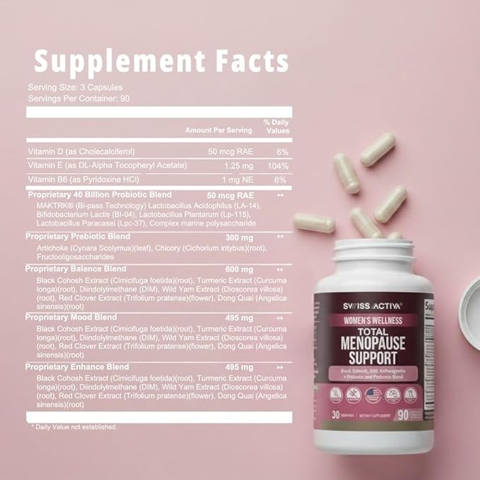 Swiss Activa+ Labs Total Menopause Support – Hormone Balance, Hot Flash Relief, Mood & Energy Boost, Gut Health, Vegan, Non-GMO Plant-Based Menopause Supplements for Women- 90-Day Supply
