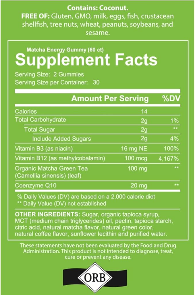 Matcha Green Tea Energy Gummies with Vitamin B12, B3, CoQ10 for Daily Energy and Metabolism Support - Vegan, Gluten-Free, Non-GMO, Kosher - 30 Day Supply, 60 Count Supplement