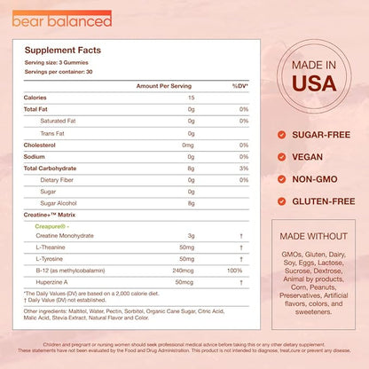 Bear Balanced Creatine Gummies for Men & Women - Creapure® Creatine Monohydrate, L-Theanine, L-Tyrosine & B12 for Muscle Growth, Strength, Focus, Energy & Health - Low Calorie, Sugar-Free, & Vegan