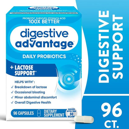 Digestive Advantage Lactose Defense Enzymes + Probiotics for Women & Men Occasional Bloating, Lactose Breakdown, Minor Abdominal Discomfort, Immune Support, 96 Count Capsules (3 Pack)