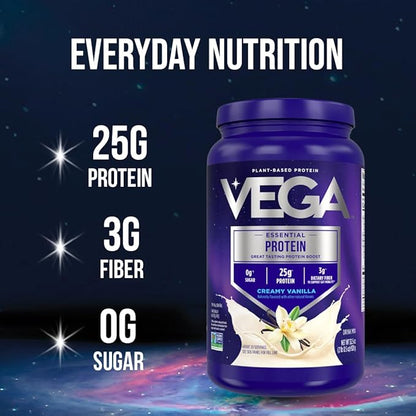 Vega Original Essential Protein - 25g Plant-Based Protein, Creamy Vanila, 10 Servings, Vegan, Non-GMO Drink Mix, Smoothie & Shake Ready, Gluten Free, Dairy Free, 16.2oz (Packaging May Vary)