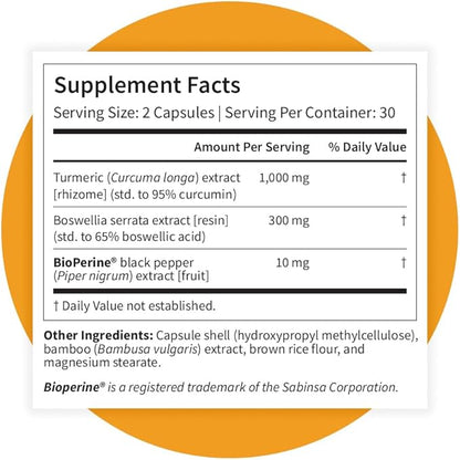 Pattern Wellness Turmeric Curcumin – 95% Curcuminoids with BioPerine® Black Pepper – Supports Joint, Cognitive & Immune Health – Non-GMO, Gluten Free – 60 Capsules