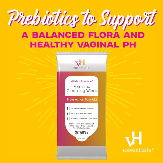 vH essentials Feminine Cleansing Wipes - pH Balanced, Prebiotics, Tea Tree & Aloe, Soothing Witch Hazel, Odor-Blocking Formula, Vaginal and Perianal Care, Paraben, Alcohol, and Fragrance-Free