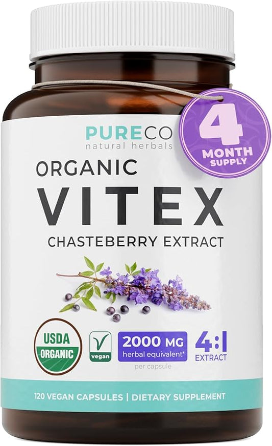Organic Vitex Chasteberry Supplement for Women - High Strength Chaste Tree Berry Extract Supports Hormone Balance for Women from PMS to Menopause - Filler Free Vegan & Non-GMO (4 Month Supply)