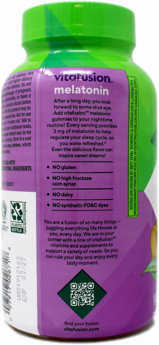 Vitafusion 3 mg Melatonin Gummy Supplement, Awake Refreshed, Sleep Support & Jet Lag Aid, Sugar-Free, Dietary Supplement, Natural White Tea & Peach Flavors, 140 Count (Pack of 2)