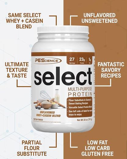 PEScience Select Multi-Purpose Unflavored Protein Powder, Low Carb, Keto Friendly, Gluten Free, Whey & Casein Protein Flour for Baking and Smoothies, 27 Servings