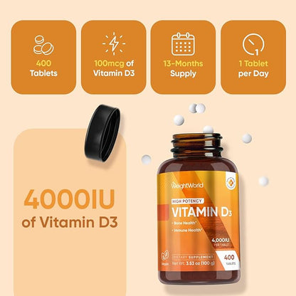 WeightWorld Vegan Vitamin D3 4000 IU Tablets - 400 Count - D3 Vitamin for Bone & Immune Health - (13+ Months Supply) - High Potency Vegan D3 for Women & Men - GMP-Approved - Gluten-Free - Non-GMO