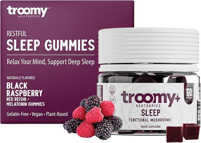 Troomy Sleep Gummies for Adults and Kids, Great Tasting Black Raspberry, Red Reishi Mushroom, Easy Restful Natural Sleep Aid, 60 Count