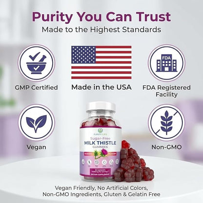 Sugar-Free Milk Thistle Gummies for Liver Cleanse Detox & Repair (Natural Blueberry-Raz Flavor) Cardo Mariano, Cleansing Milk Thistle Supplement, Antioxidant Support, Vegan, Replaces Pills & Capsules