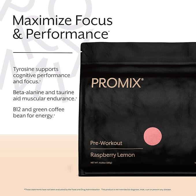ProMix Nutrition Pre-Workout Powder, Raspberry Lemon - Maximize Focus - Helps Muscle Gain, Endurance & Enhanced Energy - Vitamin B12, Caffeine, Beta-Alanine & L-Tyrsosine - 30 Servings (Pack of 1)