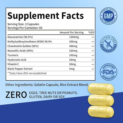 Glucosamine Chondroitin MSM and Turmeric Supplement - Used for Cartilage & Joint Health & Flexibility - for Women & Men - Non-GMO, Gluten Free, 180 Capsules