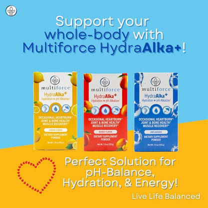 HydraAlka+ Premium Alkalizing Supplement | Beats Acid & Non-Chronic Heartburn | Hydrates with Electrolytes | Supports pH Balance, Muscle Recovery & Bone Health | 30 Servings, 3 Flavors