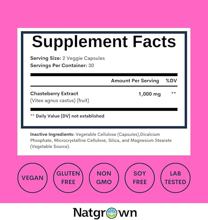Natgrown Vitex Chasteberry Supplement for Women 1,000 mg - Agnus Castus Chaste Tree Vitex Berry Fruit Extract Capsules - 60 Ct