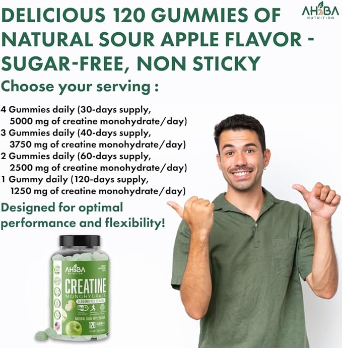 Creatine Monohydrate Gummies 5g per Serving, chewable, Vegan, Non-GMO, Sugar-Free, Soy-Free, Gluten-Free, Men & Women,More Strength & Recovery- Sour Apple Flavor, Made in USA