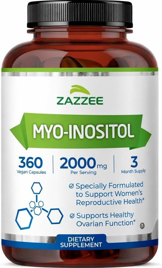 Zazzee Myo-Inositol Capsules, 2000 mg per Serving, 360 Vegan Capsules, Ideal Dosage for 40:1 Ratio, Kosher, 100% Vegetarian, Hormone Balance & Healthy Ovarian Function Support, All-Natural and Non-GMO