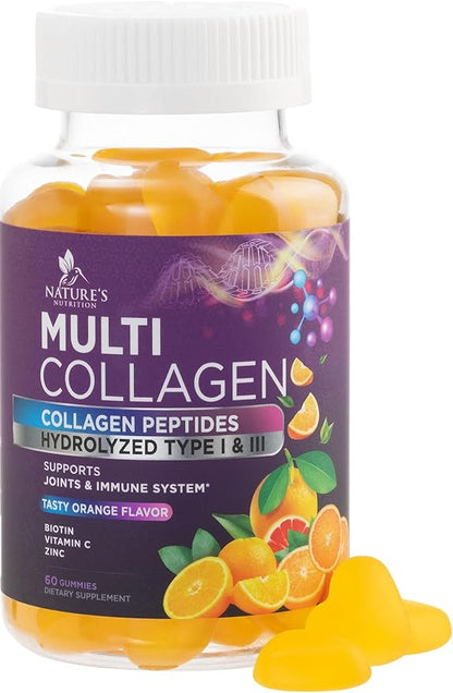 Collagen Peptides Gummies with 2500mcg Biotin Per Serving - Hair Growth, Skin & Nails Supplement - Hydrolyzed Collagen Multi Type I & III, Vitamin C for Immune Support, Orange Flavor, 60 Gummies