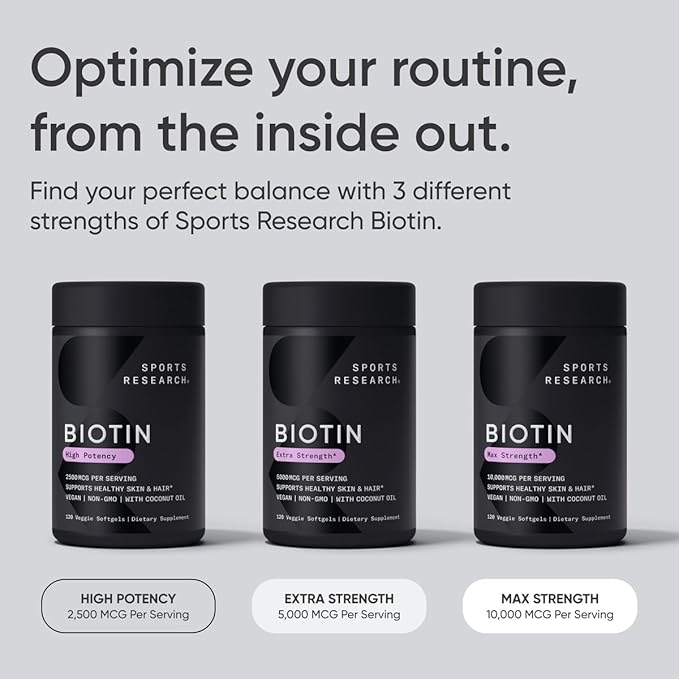 Sports Research® Biotin 2,500mcg with Organic Coconut Oil - Biotin (Vitamin B7) for Healthy Skin and Hair Support* - for Women and Men - Vegan, Non-GMO, Gluten & Soy-Free - 120 Veggie Softgels