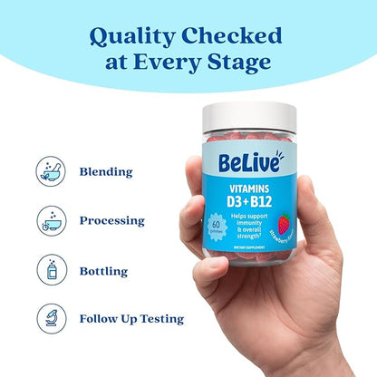 BeLive Vitamin D3 Gummies with B12 Vitamins - Immune Support Gummies with Vegan Vitamin B12 & D3, Provides Enhanced Bone & Muscle Strength, Hearth Health and Energy - Strawberry Flavor | 5-Pack
