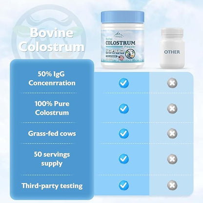 Bovine Colostrum Powder Supplements, 3000mg IgG, Grass-Fed Orgainc Freeze Dried Colostrum for Women & Men | Supports Gut Health, Hair Health, Immune Defense & Muscle Recovery, Unflavored, 50 Servings