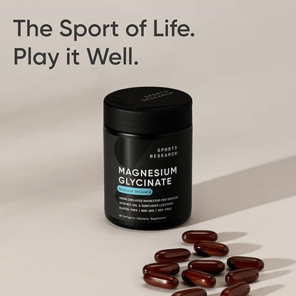 Sports Research® Magnesium Glycinate - Supports Restful Sleep & Enzymatic Processes - 160 mg Chelated Magnesium - Liquid Softgel - 60 Count