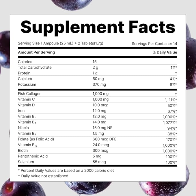 VITALBEAUTIE Super Essential (7-Day) – Women’s All‑in‑One Beauty + Multivitamin Ampoules & Tablets – 1,000mg Fish Collagen + 1,000mg Vitamin C, Biotin, Iron, Vitamin D – Grape Flavor - 7 Servings