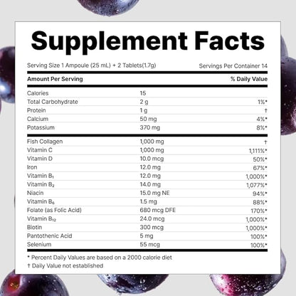 VITALBEAUTIE Super Essential (7-Day) – Women’s All‑in‑One Beauty + Multivitamin Ampoules & Tablets – 1,000mg Fish Collagen + 1,000mg Vitamin C, Biotin, Iron, Vitamin D – Grape Flavor - 7 Servings