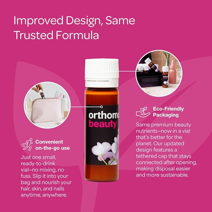 Orthomol Beauty Vial - Liquid Women's Beauty Supplement with Collagen Hydrolysate, Hyaluronic Acid, and Coenzyme Q10 for Hair, Skin, and Nail Health