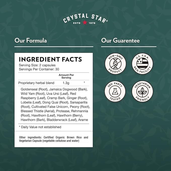 Crystal Star Women's Best Friend (60 Capsules) - Herbal Menstrual Relief Supplement for Help with Cramps & Bloating – Dong Quai, Cramp Bark, Hawthorne & Red Raspberry – Non-GMO