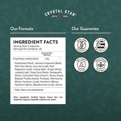 Crystal Star Women's Best Friend (60 Capsules) - Herbal Menstrual Relief Supplement for Help with Cramps & Bloating – Dong Quai, Cramp Bark, Hawthorne & Red Raspberry – Non-GMO