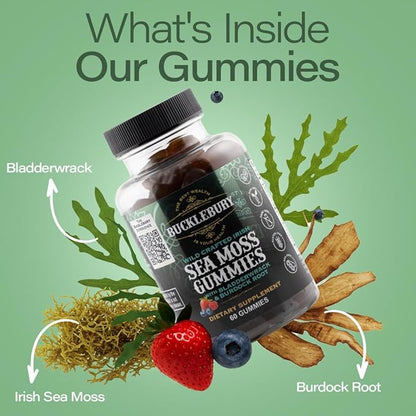 BUCKLEBURY Wild Crafted Irish Sea Moss Gummies with Bladderwrack & Burdock Root - Natural Chewable Multivitamin Vegan Sea Moss Gummies for Immune, Thyroid & Digestive Support - 60 Count