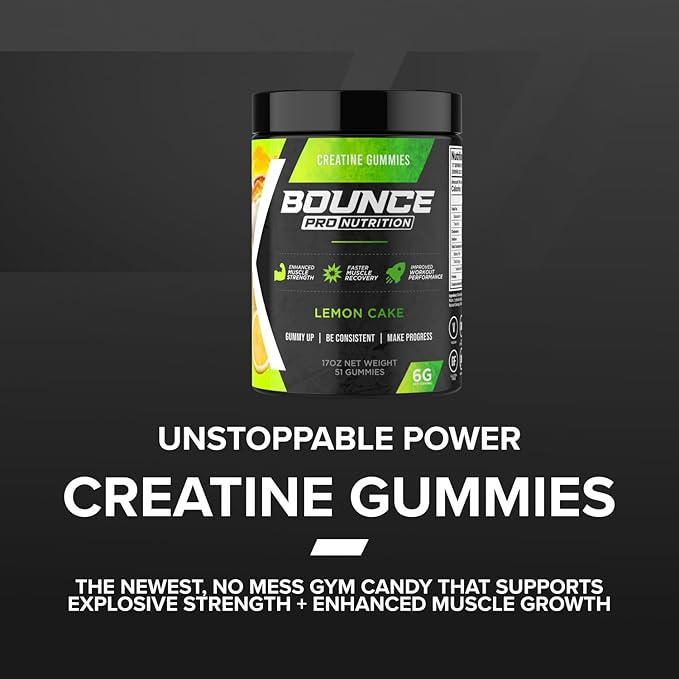 Bounce Pro Creatine Monohydrate Gummies for Men & Women, Low Calorie, 6G of Creatine per Serving, Vegan, Anti-Melting, Gluten-Free, Non-GMO (51 Count (Pack of 1), Lemon Cake)