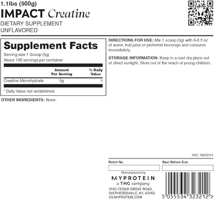 Myprotein Creatine Monohydrate Powder, 100 Servings (1.1lbs), Pure Unflavored Creatine Powder, Post/Pre Workout Supplement for All Sports & Exercises