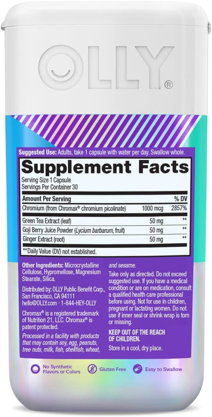 OLLY Combat Cravings, Metabolism & Energy Support Supplement,1000 mcg Chromium, Green Tea, Goji Berry, Ginger - 30 Count (Pack of 2)