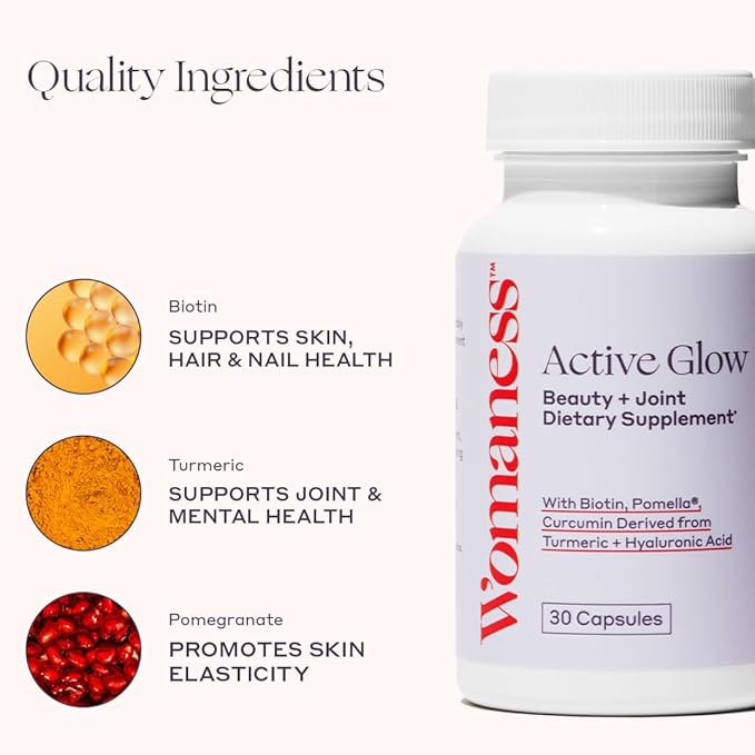 Womaness Active Glow Hair Skin and Nails Vitamins for Women - Hair Growth Vitamins with Hyaluronic Acid - Biotin and Curcumin - Nail Care, Joint Support and Glow Supplements for Dry Skin - 30 Capsules