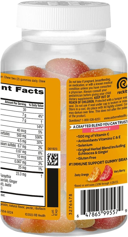 Airborne Kids 500mg Vitamin C Gummies, Kids Immune Support Zinc Gummies with Powerful Antioxidants VIT C & E - 63 Gummies, Assorted Fruit Flavor (Pack of 2)