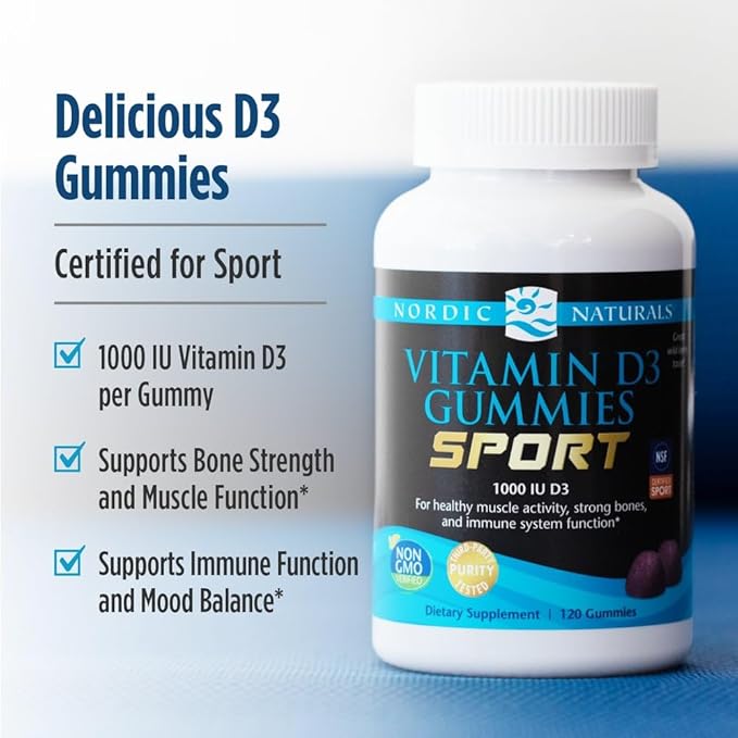 Nordic Naturals Vitamin D3 Gummies Sport, Wild Berry - 120 Gummies - 1000 IU Vitamin D3 - NSF Certified - Healthy Bones, Mood & Immune System Function - Non-GMO - 120 Servings